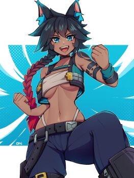 1girl animal_ear_fluff animal_ears belt black_belt black_choker black_vest blue_background blue_eyes blue_hair blue_pants braid braided_ponytail breasts chest_sarashi choker clenched_hands commentary commission cowboy_shot cropped_vest dark-skinned_female dark_skin double-parted_bangs english_commentary gradient_hair large_breasts long_hair looking_at_viewer multicolored_hair navel oninuer open_mouth original pants panty_straps ponytail sarashi single_braid smile solo stomach underboob vest