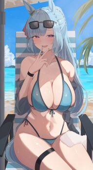 1girl absurdres animal_ears aqua_bikini aqua_hair bare_shoulders beach beach_chair bikini blush breasts cleavage collarbone commentary_request eyewear_on_head groin hanma_amnah highres horse_ears horse_girl horse_tail inward_v jacket large_breasts long_hair mejiro_ardan_(umamusume) navel open_clothes open_jacket open_mouth purple_eyes sagging_breasts seaside sitting solo sunglasses swimsuit tail teeth thigh_strap towel umamusume upper_teeth_only v
