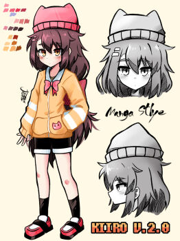 1girl animal_hat artist_self-insert beanie black_shorts black_socks blush bow bowtie brown_eyes brown_hair cat_hat character_name character_profile closed_mouth color_guide expressionless full_body gyaru_v hair_between_eyes hair_bow hair_ornament hairclip hand_in_pocket hat highres jacket kiiro_(koonowen) koonowen legs_apart long_hair long_sleeves looking_at_viewer multiple_views original partially_colored pink_bow pink_bowtie red_footwear short_shorts shorts signature sleeves_past_wrists socks standing v very_long_hair yellow_background yellow_jacket