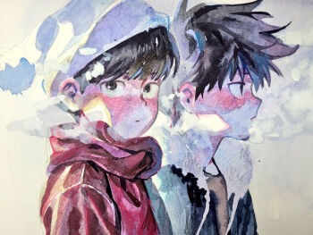 Rule 34 | 2boys, black eyes, black hair, blush, bowl cut, breath, brothers, commentary, expressionless, from side, fur-trimmed jacket, fur trim, haneu, hat, jacket, kageyama ritsu, kageyama shigeo, looking ahead, looking up, male focus, mob psycho 100, multiple boys, parted lips, pom pom (clothes), portrait, scarf, siblings, spiked hair, traditional media, watercolor pencil (medium), white hat, winter clothes