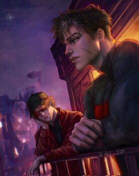 arsenal_(dc) baseball_cap bat_signal batman_(series) batman_symbol black_bodysuit black_hair blue_eyes bodysuit dc_comics glasses grey_bodysuit hat highres jacket jason_todd male_focus multicolored_bodysuit multicolored_hair muscular muscular_male red_hood_(dc) red_hood_and_the_outlaws roy_harper shirt short_hair superhero_costume taut_bodysuit two-tone_bodysuit two-tone_hair vh1_zan western_comics_(style) white_hair
