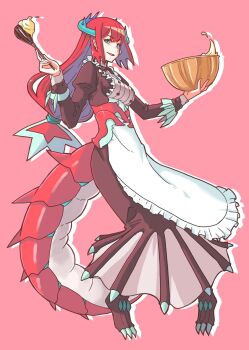 apron aqua_eyes bowl breasts claws commentary_request dragon_girl dragon_horns dragon_tail dress duel_monster frilled_apron frills full_body highres holding holding_bowl horns juliet_sleeves kitchen_dragonmaid large_breasts long_hair long_sleeves maid maid_apron open_mouth pink_background puffy_sleeves red_hair red_tail red_wings shibumi simple_background smile solo tail whisk wings yu-gi-oh!
