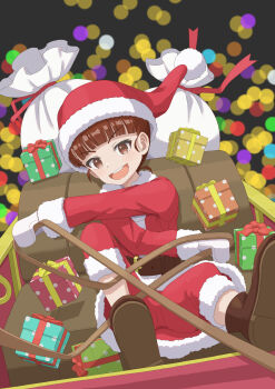 1girl absurdres alternate_costume bag belt blurry blurry_background box brown_belt commentary_request dress flying gift gift_box girls_und_panzer hat highres long_hair mikko_(girls_und_panzer) open_mouth qgkmn541 red_eyes red_hair santa_costume santa_dress santa_hat sitting sleigh smile solo teeth upper_teeth_only