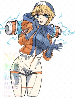 Rule 34 | 1girl, absurdres, animification, apex legends, blonde hair, blue bodysuit, blue eyes, blue gloves, blush, bodysuit, breasts, bright pupils, commentary request, electricity, english text, gloves, highres, hood, hood down, hood up, hooded bodysuit, hooded jacket, impossible bodysuit, impossible clothes, jacket, leaning to the side, lightning bolt symbol, looking at viewer, medium breasts, onihime takun, open hand, orange jacket, parted lips, pointing, pointing up, skin tight, smile, solo, thigh strap, wattson (apex legends), white background, white bodysuit, white pupils