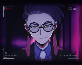1boy black-framed_eyewear black_jacket collared_shirt corbeau_(pokemon) glasses highres jacket kiriya_black looking_at_viewer male_focus necktie nintendo open_clothes open_jacket parted_hair pokemon pokemon_legends:_z-a purple_hair purple_shirt round_eyewear shirt short_hair slit_pupils smile solo viewfinder white_necktie wing_collar yellow_eyes
