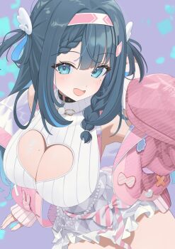 1girl amano_nene_(vtuber) amano_nene_(vtuber)_(tenshi) bandaid bandaid_hair_ornament black_choker black_hair blue_eyes blush braid braided_bangs breasts choker cleavage cleavage_cutout clothing_cutout commission crotch_cutout hair_ornament hairband heart_cutout highres indie_virtual_youtuber jacket koyo2023 long_hair long_sleeves looking_at_viewer miniskirt mole mole_on_breast mole_under_eye o-ring o-ring_choker open_clothes open_jacket open_mouth pink_hairband pink_jacket pleated_skirt ribbed_shirt shirt side_braids single_hair_streak skeb_commission skirt solo two_side_up virtual_youtuber white_shirt white_skirt wing_hair_ornament
