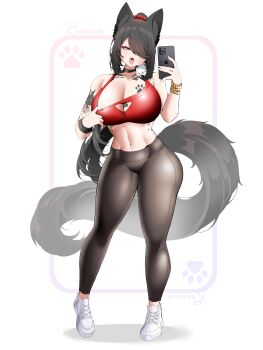 1girl absurdres animal_ear_fluff animal_ears black_choker black_hair black_pants breast_tattoo breasts cellphone choker cleavage clothes_pull commentary commission drooling full_body hair_over_one_eye highres holding holding_phone huge_breasts long_hair looking_at_phone navel one_eye_covered open_mouth original pants parted_bangs paw_print paw_tattoo phone red_sports_bra saliva saltnvalk selfie shoes smartphone sneakers solo sports_bra sports_bra_pull standing stomach symbol-only_commentary tail tattoo tongue tongue_out vgen_commission white_background white_shoes yellow_eyes