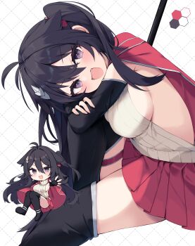 1girl :d absurdres black_boots black_gloves black_hair boots breasts cape chibi color_guide commission dotted_line elbow_gloves fang fingerless_gloves gloves grey_eyes hair_between_eyes highres hugging_own_legs knee_up large_breasts long_hair multiple_views nibiiro_shizuka one_side_up open_mouth original pleated_skirt red_cape red_skirt ribbed_sweater sideboob skeb_commission skirt smile sweater thigh_boots turtleneck turtleneck_sweater very_long_hair white_background