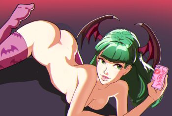 animal_print ass bat_print bat_wings breasts butt_crack cellphone cleavage darkstalkers green_eyes green_hair head_wings lipstick_mark long_hair lying morrigan_aensland nude on_stomach phone skindentation straight_bangs straight_hair sunbeam_(artist) thighhighs wings