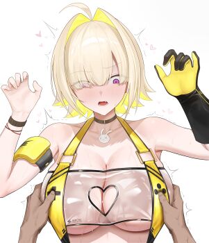 1boy 1girl absurdres blonde_hair breasts clothing_cutout commentary elegg_(boom_and_shock)_(nikke) elegg_(nikke) game_controller_print goddess_of_victory:_nikke grabbing_another's_breast groping hair_intakes hair_over_eyes heart_cutout highres large_breasts long_bangs pov pov_hands purple_eyes rabbit_choker rabbit_ornament see-through_slingshot_swimsuit slingshot_swimsuit swimsuit two-sided_gloves yellow_slingshot_swimsuit zanmangkkoon