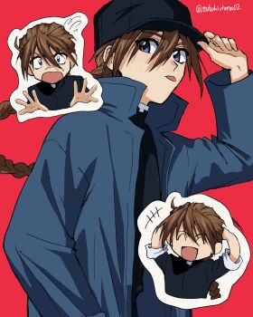 Rule 34 | +++, 1boy, :p, ^ ^, adjusting clothes, adjusting headwear, arm up, arms up, artist name, black hat, black shirt, blue eyes, braid, brown hair, closed eyes, commentary request, duo maxwell, floating hair, gundam, gundam wing, hair between eyes, hat, highres, laughing, looking to the side, male focus, multiple views, open mouth, outstretched arms, red background, shirt, sideways glance, single braid, sleeve cuffs, sleeves rolled up, tongue, tongue out, tsubakiohana02, twitter username