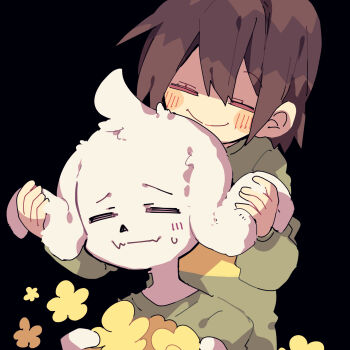 1boy 1other asriel_dreemurr black_background blush_stickers brown_hair chara_(undertale) closed_eyes flower goat_boy grabbing_another&#039;s_ear green_sweater hand_on_another&#039;s_ear highres nikorashi-ka shaded_face short_hair simple_background smile sweatdrop sweater undertale utdr_(toby_fox) white_fur
