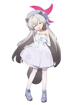 1girl absurdres adon_(dufaladanidu) ahoge animal_ears bare_shoulders bell blue_archive boots closed_eyes dress elbow_gloves full_body gloves grey_hair halo hat highres jingle_bell long_hair michiru_(blue_archive) michiru_(dress)_(blue_archive) neck_bell open_mouth pantyhose pink_halo raccoon_ears raccoon_girl raccoon_tail simple_background sleeveless sleeveless_dress smile solo standing tail white_background white_dress white_gloves white_pantyhose