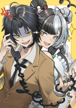 1boy 1girl ahoge alternate_costume anger_vein asaba_harumasa bare_shoulders behind_another black_hair black_necktie blush border braid braided_twintails brown_coat china_dress chinese_clothes choker coat collarbone commentary corded_phone dialyn_(zenless_zone_zero) double_bun dress english_commentary eye_contact fangs hair_bun hair_intakes hair_ornament hairclip highres holding holding_phone jewelry kuro_tsubasa lightning_glare long_hair looking_at_another multicolored_hair multiple_rings necktie open_mouth panda_hair_ornament parted_bangs phone ring shirt short_hair silver_ring sparkle upper_body v-shaped_eyebrows white_background white_dress white_hair white_shirt wire yellow_border yellow_eyes zenless_zone_zero