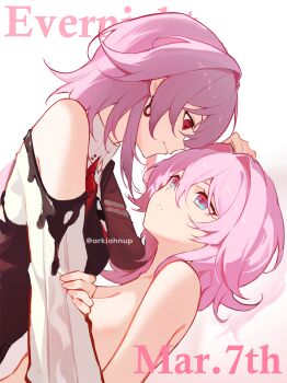 2girls ark_john_up bare_shoulders blue_eyes clothed_female_nude_female convenient_arm earrings evernight_(honkai:_star_rail) highres honkai:_star_rail honkai_(series) jewelry long_sleeves looking_at_another march_7th_(honkai:_star_rail) medium_hair multicolored_eyes multiple_girls nude parted_lips pink_hair purple_eyes red_eyes smile two-tone_eyes yuri
