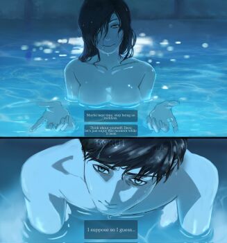 1boy 1girl absurdres artist_name black_hair blue_eyes blue_theme breasts cath_(skibidi_toilet) chainsaw_man cloud_ruan99543 commentary dave_(skibidi_toilet) english_text hair_over_one_eye hashtag-only_commentary highres i&#039;ll_teach_you_everything_(chainsaw_man) long_hair medium_breasts partially_submerged pool scene_reference short_hair skibidi_toilet_(series) wet wet_hair