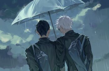 2boys 99round bag black_hair closed_mouth cloud ear_piercing from_behind getou_suguru glasses gojou_satoru hair_bun hashtag-only_commentary highres holding holding_umbrella jujutsu_kaisen jujutsu_tech_uniform male_focus multiple_boys piercing plug_(piercing) rain round_eyewear school_bag shared_umbrella short_hair shoulder_bag transparent transparent_umbrella umbrella upper_body white_hair