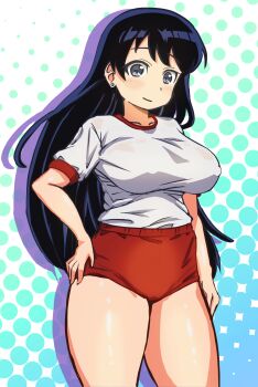 1girl arato_nagi black_hair blush breasts buruma collarbone commentary_request earrings gym_shirt gym_uniform hand_on_own_hip highres jewelry large_breasts long_hair looking_at_viewer patterned_background purple_eyes red_buruma ruri_no_houseki seiei_(setuna8801) shirt shirt_tucked_in short_sleeves sidelocks smile solo standing stud_earrings thighs very_long_hair white_shirt