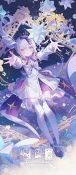 1girl blush bow detached_sleeves floating_hair full_body gem hair_between_eyes hair_bow highres long_hair long_sleeves original outstretched_arms picture_frame purple_bow purple_eyes purple_shoes reaching red_gemstone shoes smile sparkle thighhighs twintails umehara_sei white_hair white_thighhighs