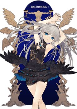 Rule 34 | 1girl, absurdres, black nails, blue eyes, breasts, commentary request, crystal eye, crystar, dress, english text, engrish text, gold trim, grey hair, hatada rei, highres, layered dress, long hair, looking at viewer, ranguage, riuichi, shorts, solo, wings
