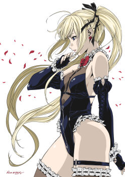 1girl bare_shoulders black_leotard blonde_hair blue_eyes breasts commentary_request cross_hair_ornament dead_or_alive dead_or_alive_5 elbow_gloves expressionless fingerless_gloves frilled_leotard frilled_thighhighs frills gloves hair_ornament highleg highleg_leotard hiragoma leotard long_hair marie_rose parted_lips petals profile small_breasts solo thigh_strap thighhighs twintails very_long_hair