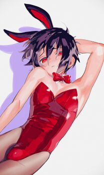 1boy animal_ear_hairband animal_ears black_hair blush bow bowtie bulge closed_mouth commentary detached_collar fake_animal_ears gundam gundam_seed gundam_seed_destiny hair_between_eyes hairband highres leotard looking_at_viewer male_focus male_playboy_bunny pantyhose rabbit_ear_hairband rabbit_ears red_bow red_bowtie red_eyes red_leotard shadow shinn_asuka short_hair simple_background solo strapless strapless_leotard tokumei_wombat white_background