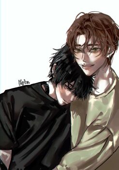 2boys :d aegyo_sal black_eyes black_hair black_shirt blush brown_hair green_eyes grey_shirt grin head_on_another&#039;s_shoulder highres hug_from_side kai_(shadow_slave) kyta_5 looking_at_viewer male_focus multiple_boys neck_tattoo open_mouth shadow_slave shirt short_hair smile sunny_(shadow_slave) tattoo upper_body yaoi