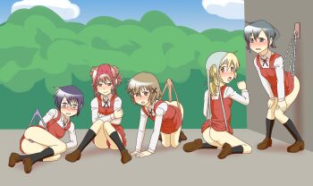 5girls absurdres all_fours ass blonde_hair blue_eyes blue_panties blush brown_eyes brown_hair glasses hidamari_sketch highres hiro_(hidamari_sketch) long_hair medium_hair misaeldm miyako_(hidamari_sketch) multiple_girls nori_(hidamari_sketch) open_mouth panties partially_visible_vulva red_eyes red_hair red_panties sae_(hidamari_sketch) shoes skirt socks underwear wedgie yuno_(hidamari_sketch)