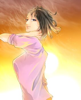 1girl black_hair blue_eyes closed_mouth commentary_request eyelashes floating_hair highres light_smile looking_at_viewer nico_robin one_piece pink_shirt piry profile shirt solo sun sunset upper_body