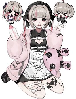 1girl aegyo_sal baby_bottle belt black_eyes black_headdress black_shirt bottle brown_hair chibi chibi_inset cigarette cleavage_cutout clothing_cutout fang frilled_headwear frilled_shirt_collar frills full_body hair_intakes holding holding_cigarette jacket jirai_kei leg_tattoo long_sleeves makaino_ririmu makaino_ririmu_(5th_costume) multicolored_hair multiple_views nijisanji open_mouth pink_jacket pointy_ears shirt simple_background single_sleeve_past_fingers single_sleeve_past_wrist sitting skirt streaked_hair stuffed_animal stuffed_rabbit stuffed_toy tattoo thigh_belt thigh_strap tongue twintails virtual_youtuber wariza white_background white_skirt xl_ch1cken