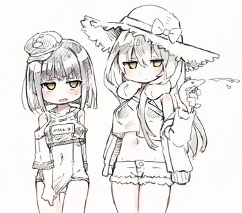 2girls :/ bikini bikini_under_clothes blush cap crop_top denim denim_shorts frima_(nikke) frima_(sea_of_sloth)_(nikke) goddess_of_victory:_nikke greyscale hat holding jacket kureudon long_hair milk_(nikke) monochrome multiple_girls off-shoulder_jacket off_shoulder official_alternate_costume one-piece_swimsuit shirt short_hair short_shorts shorts spot_color sun_hat sweatdrop swimsuit yellow_eyes