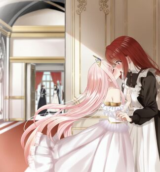 4girls apron bagel_sandica black_bow black_bowtie black_dress blush bow bowtie closed_eyes commentary_request dress indoors kiss long_hair maid maid_apron master_and_servant multiple_girls off-shoulder_dress off_shoulder pink_eyes pink_hair princess red_hair shoujo_no_nozomanu_eiyuutan tiara white_apron white_background yuri