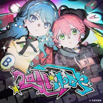 2girls belt_collar blue_hair collar commentary_request ear_ornament hoshimachi_suisei hoshimachi_suisei_(micomet) looking_at_viewer multiple_girls pink_hair sakura_miko sakura_miko_(micomet) sowichi watermark