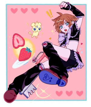 Rule 34 | !, !!, 1boy, :o, ?, absurdres, arm warmers, bike shorts, bike shorts under skirt, black arm warmers, black leg warmers, blue eyes, blush, bow, brooch, brown hair, cosplay, crossdressing, crossdressing (mtf), crown (symbol), cure black, cure black (cosplay), earrings, fingerless gloves, food, fruit, futari wa precure, gloves, heart, heart brooch, heart earrings, highres, holding, jewelry, keyblade, kingdom hearts, kishiki0318, leg warmers, magical girl, male focus, mepple, mepple (cosplay), midriff, open mouth, parody, pose imitation, precure, short hair, shorts, shorts under skirt, skirt, sora (kingdom hearts), spiked hair, strawberry