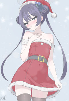 1girl absurdres alternate_costume bare_shoulders belt black_belt black_hair black_thighhighs blue_archive blush breasts butterfly_hair_ornament christmas collarbone commentary cowboy_shot detached_sleeves double_bun dress english_commentary grey_eyes grey_halo hair_between_eyes hair_bun hair_ornament halo hand_on_own_chest hat head_tilt highres kisaki_(blue_archive) long_hair looking_at_viewer outdoors red_dress runarie santa_costume santa_hat short_dress short_sleeves sidelocks signature small_breasts smile snowing solo standing strapless strapless_dress thighhighs twintails zettai_ryouiki