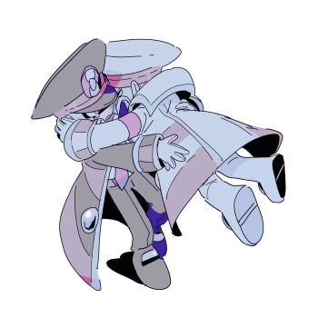 Rule 34 | 2boys, black coat, black hat, black pants, brothers, chibi, chibi only, coat, commentary request, emmet (pokemon), full body, grey eyes, grey hair, hat, highres, hug, ingo (pokemon), kari (user grrs8577), long sleeves, male focus, multiple boys, necktie, nintendo, open mouth, pants, pokemon, pokemon bw, shirt, siblings, simple background, tears, twins, white background, white coat, white hat, white pants, white shirt