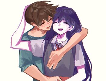 1boy 1girl :d ^_^ aqua_shirt arm_around_shoulder brown_hair chromatic_aberration closed_eyes collared_shirt colored_skin crying double-parted_bangs facing_another grey_sweater_vest hair_between_eyes hand_on_another&#039;s_chest hand_on_another&#039;s_head hashtag-only_commentary hero_(faraway)_(omori) hero_(omori) highres long_hair lower_teeth_only mari_(headspace)_(omori) mari_(omori) neck_ribbon omori open_mouth purple_hair raised_inner_eyebrows red_ribbon ribbon shirt short_hair short_sleeves simple_background smile straight_hair sweater_vest teeth tokkooyaku tongue upper_body upper_teeth_only very_long_hair very_short_hair white_background white_shirt white_skin