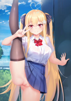 1girl absurdres ahoge black_ribbon black_thighhighs blonde_hair blouse blue_skirt blue_sky blush bow bowtie breasts chinese_commentary cleft_of_venus closed_mouth cloud collared_shirt commentary_request day dress_shirt female_focus hair_between_eyes hair_ornament hair_ribbon heart heart_ahoge highres large_breasts long_hair looking_at_viewer niliu_chahui no_panties original outdoors pleated_skirt pussy rabbit_hair_ornament red_bow red_bowtie red_eyes ribbon school_uniform shirt short_sleeves skirt sky smile solo split standing standing_on_one_leg standing_split thighhighs tokisaki_asaba_(niliu_chahui) uncensored v very_long_hair white_shirt