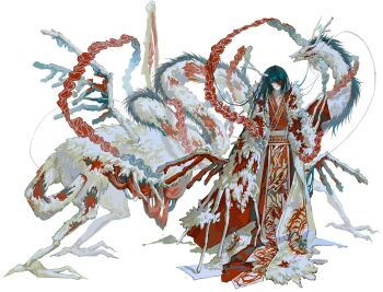 Rule 34 | 1boy, aqua eyes, black eyes, black hair, chinese clothes, closed mouth, dragon, dragon horns, e.g.o (project moon), eastern dragon, eastern dragon horns, full body, fur trim, hanfu, heterochromia, highres, hong lu (project moon), horns, limbus company, long hair, long sleeves, looking at viewer, male focus, patterned clothing, project moon, red hanfu, sash, simple background, single horn, skeletal wings, smile, solo, standing, tears of the tarnished blood (e.g.o), usnorway goa, very long hair, white background, white sash, wide shot, wide sleeves, wings