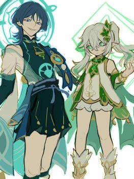 1boy 1girl 26qbl anklet aqua_halo armlet arms_at_sides asymmetrical_sidelocks belt black_belt black_bodysuit black_bow black_bridal_gauntlets black_hair black_shorts bloomers blue_cape blue_gem blue_halo blue_rope blue_sash blue_sleeves blue_trim blunt_ends body_markings bodysuit bow bracelet bridal_gauntlets bright_pupils cape choppy_bangs closed_mouth commentary_request covered_collarbone cross-shaped_pupils curled_fingers detached_sleeves dress eyeliner feathers furisode gem genshin_impact glowing_markings gold_anklet gold_armlet gold_bracelet gold_trim green_cape green_eyes green_gem green_hair green_halo green_sleeves grin hair_ornament hakama hakama_shorts halo halo_behind_head hand_up height_difference highres japanese_clothes jewelry kimono layered_sleeves leaf leaf_hair_ornament long_hair looking_at_viewer makeup mandala mandarin_collar multicolored_hair nahida_(genshin_impact) open_clothes open_kimono pleated_shorts pointy_ears pom_pom_(clothes) purple_eyes red_eyeliner rope sash scaramouche_(genshin_impact) see-through_clothes see-through_kimono short_dress short_sleeves shorts side_cape side_ponytail sidelocks single_off_shoulder sketch smile socks streaked_hair symbol-shaped_pupils tassel underwear vision_(genshin_impact) wanderer_(genshin_impact) white_background white_bloomers white_dress white_hair white_kimono white_pupils white_sleeves white_socks yellow_feathers