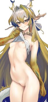 1girl absurdres arknights bare_shoulders blue_eyes blue_hair blush bottomless breasts censored clothes_lift clothes_pull commentary dragon_girl dragon_horns dragon_tail earrings english_commentary gradient_eyes gradient_hair green_eyes green_hair hair_between_eyes half-closed_eyes hand_up highres hip_focus horns jacket jewelry lifting_own_clothes long_hair midriff multicolored_eyes multicolored_hair navel nipples no_bra off_shoulder open_clothes open_jacket panties pointy_ears pulling_own_clothes pussy radioneet shirt shirt_lift shu_(arknights) slit_pupils smile smug solo stomach tail underboob underwear very_long_hair white_hair white_shirt