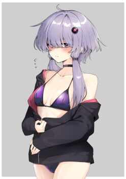 1girl bikini black_choker black_jacket blush breasts choker closed_mouth collarbone cowboy_shot embarrassed eyes_visible_through_hair flying_sweatdrops grey_background hair_ornament hair_over_eyes hair_tubes highres jacket long_hair looking_at_viewer medium_breasts partially_open_jacket purple_bikini purple_hair short_hair_with_long_locks sidelocks simple_background single_bare_shoulder solo swimsuit vocaloid voiceroid yuzuki_yukari zipper zooanime