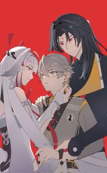 1girl 2boys ahoge armlet bare_shoulders behind_another black_hair black_jacket blush bracelet china_dress chinese_clothes clover clover_hair_ornament commentary dress eye_contact facial_mark forehead_mark green_eyes grey_hair grey_jacket hair_between_eyes hair_intakes hair_ornament hand_on_another&#039;s_shoulder highres holding_another&#039;s_arm jacket jewelry kzsx_hiroki long_hair looking_at_another metal_bracelet multiple_boys official_alternate_costume red_background red_eyes short_hair silver_armlet silver_bracelet symbol-only_commentary twitter_username white_hair wise_(soaring_crane)_(zenless_zone_zero) wise_(zenless_zone_zero) ye_shiyuan ye_shunguang zenless_zone_zero