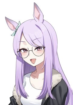 1girl absurdres alternate_costume animal_ears bespectacled blush breasts commentary_request glasses hair_between_eyes hair_ornament highres horse_girl jacket jitsumuraakiho long_hair looking_at_viewer mejiro_mcqueen_(umamusume) purple_eyes purple_hair small_breasts solo umamusume white_background