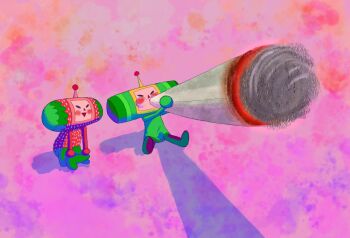 blush commentary english_commentary full_body highres ichigo_(katamari_damacy) katamari_damacy open_mouth oversized_object puffy_cheeks raykarr shadow sitting smile smoking the_prince_(katamari_damacy) triangle_mouth