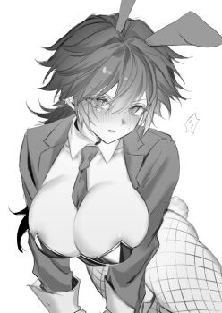 1girl alternate_costume animal_ears between_breasts blush breasts cleavage clothes_between_breasts commentary_request fishnet_pantyhose fishnets genderswap genderswap_(mtf) greyscale hair_between_eyes highres jacket kimetsu_no_yaiba large_breasts long_hair looking_at_viewer monochrome naru_usagi necktie necktie_between_breasts open_clothes open_jacket pantyhose parted_lips playboy_bunny rabbit_ears rabbit_tail simple_background solo spiked_hair tail tomioka_giyuu v-shaped_eyebrows white_background