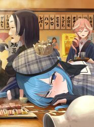 Rule 34 | 3girls, alcohol, black hair, blue eyes, blue hair, blush, character request, closed eyes, crown, drunk, food, hat, hoshimachi suisei, japanese clothes, kimono, mask, multicolored hair, multiple girls, restaurant, sake, takane lui, translation request, two-tone hair, white hair