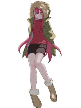 1girl 590kogure590 baobhan_sith_(fate) black_shorts blush brown_shoes coat fate/grand_order fate_(series) fur-trimmed_coat fur_trim green_coat grey_eyes highres long_hair looking_at_viewer open_clothes open_coat red_hair red_shirt shirt shoes shorts solo
