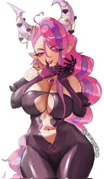 1girl ahoge artist_name bare_shoulders bodysuit braid braided_ponytail breast_cutouts breasts chest_eye claws cleavage closed_mouth clothing_cutout commentary cowboy_shot demon_horns earrings elbow_gloves extra_eyes gloves hair_between_eyes heart heart-shaped_pupils highres horns indie_virtual_youtuber ironmouse jewelry large_breasts latex latex_bodysuit licking licking_finger long_hair looking_at_viewer multicolored_hair navel pink_hair pointy_ears purple_eyes purple_streaks simple_background slit_pupils solo standing stomach stomach_cutout streaked_hair symbol-shaped_pupils tongue tongue_out untranslatable_commentary vacantstone very_long_hair virtual_youtuber white_background white_horns