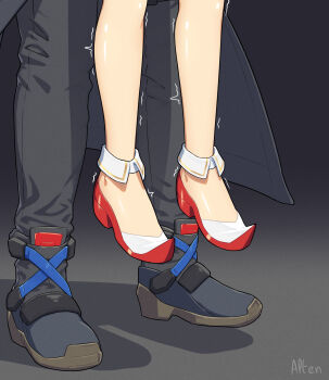 1boy 1girl alten boots calves high_heels highres implied_sex leg_focus lifting_person lower_body nia_(xenoblade) pointy_shoes red_shoes reverse_suspended_congress rex_(xenoblade) sex_from_behind shadow shiny_skin shoes size_difference standing trembling xenoblade_chronicles_(series) xenoblade_chronicles_3 xenoblade_chronicles_3:_future_redeemed